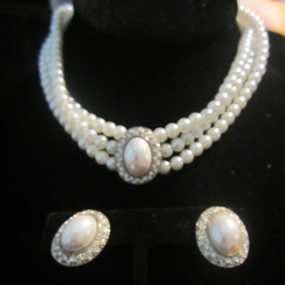 Pearl & Rhinestone Choker & Earring Set (Vintage)